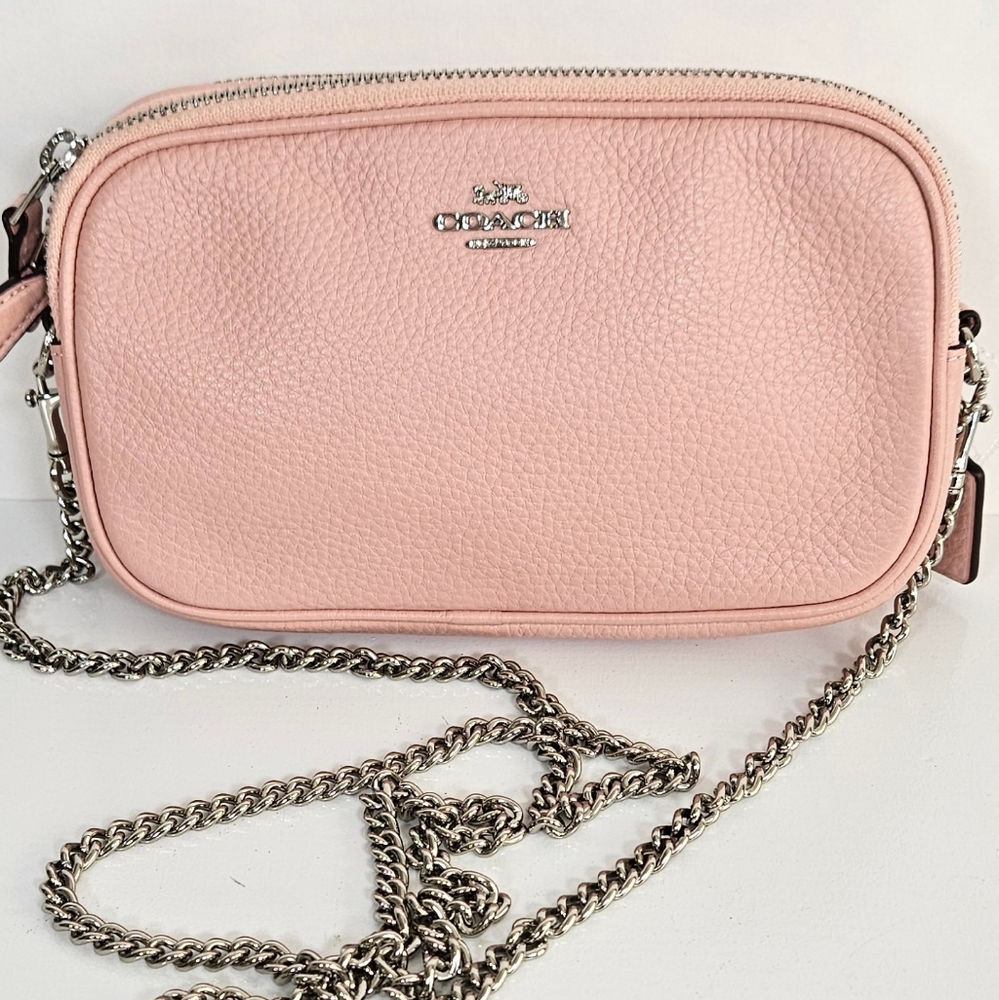 Vintage Coach F72490 pebbled leather crossbody dbl zipper silvertone chain strap